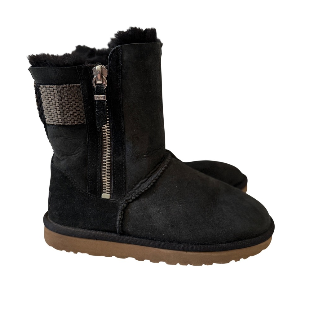 UGG Australia Black Suede Zip Shearling Boots 1012099 Woven Metallic Heel 7